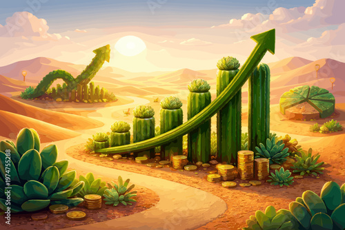 Financial Growth Concept with Rising Chart, Coins and Desert Landscape Illustration