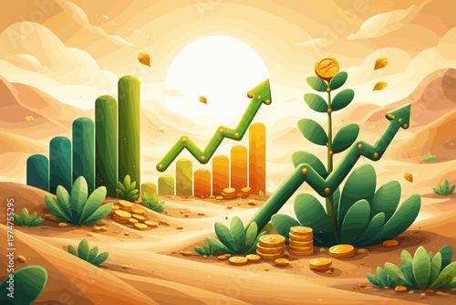 Financial Growth in Desert Concept with Rising Chart, Coins and Investment Success Illustration