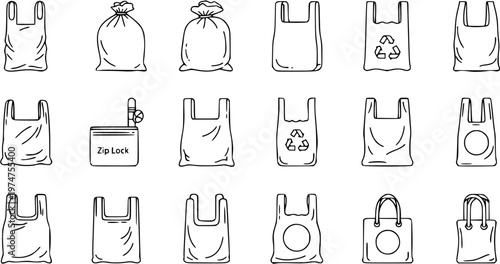 Collection of Black and White Line Art Icons Featuring Various Plastic Bags for Shopping, Groceries, Packaging, and Environmental Concepts  Includes Tote, Zip Lock, and Garbage Bag Styles