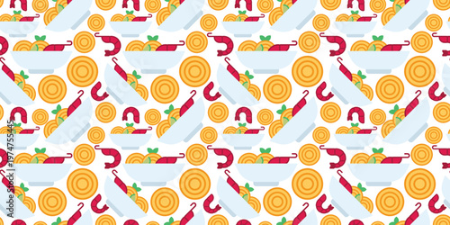 thai pad thai noodle seamless pattern flat design. stir fried rice noodle food illustration for asian restaurant menu or packaging. simple vector. pattern with white background.