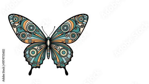 Intricate decorative butterfly illustration with patterns in teal tan and blue colors on a white background for nature designs.