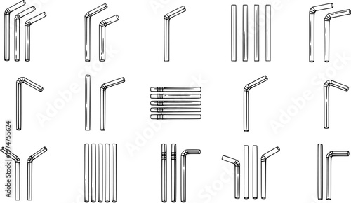 Black and White Line Art Illustrations of Various Drinking Straws: Straight, Bent, and Accordion Styles for Food and Beverage Concepts