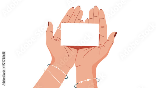 Pair of hands wearing bracelets and dark nail polish holding a blank white business card or gift card on a plain background.