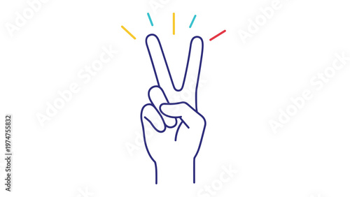 Outline of a hand making a peace or victory sign with colorful spark lines above it isolated on a plain white background.