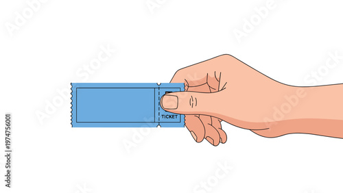 Hand holding a small blue paper ticket with perforated edges against a plain white background for events and travel.