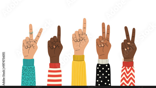 Diverse hands with different skin tones in colorful sleeves raised and making various finger gestures on white background.