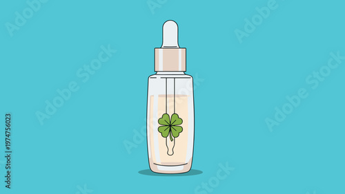 Glass dropper bottle filled with a light liquid and featuring a four-leaf clover label against a blue background.