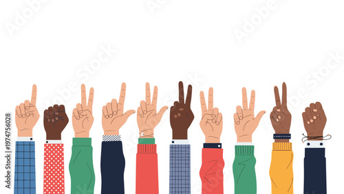 Long row of many diverse human hands with various skin tones and colorful sleeves making different gestures on white.