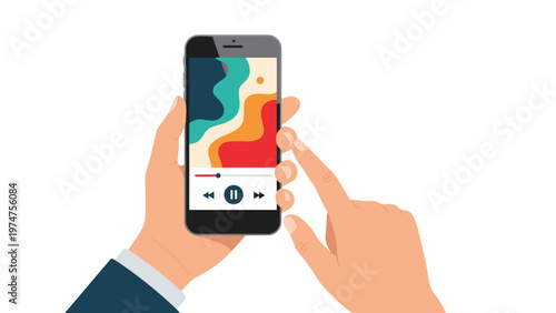 Close up view of a person using their finger to interact with a colorful music player app on a black smartphone.