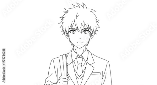 Anime School Boy Line Art Coloring Page for Kids