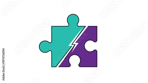 Single jigsaw puzzle piece divided in two colors with a lightning bolt shaped crack between teal and purple sides.