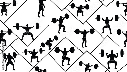 Black silhouettes of men lifting weights in various positions on white background with geometric shapes