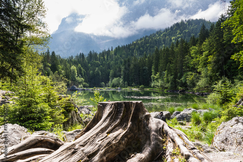 Serene view of Frillensee lake with Zugspitze mountain reflections in the forest near Eibsee Lake
