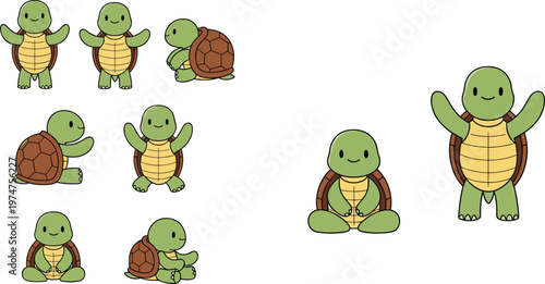 Cute turtle cartoon vector set featuring different poses including sitting, standing and waving tortoise characters for kids illustration and nursery design