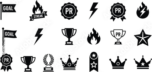 Collection of achievement and success icons including goals trophies crowns and medals on white background  various symbols for motivation and recognition