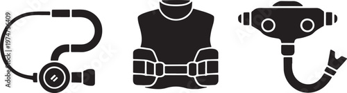 Scuba Diving Gear Icons Set Featuring Regulator Diving Vest and Stingray Marine Animal Shape
