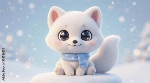 Cute 3D baby arctic fox character wearing a scarf in a snowy winter landscape