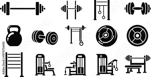 Collectionofblackgymiconsandequipmentontransparentbackgroundforfitnessandworkoutillustrations