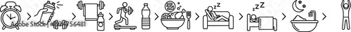 Daily routine icons showing morning alarm clock to nighttime stretch isolated on transparent background