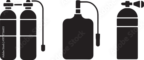 Set of scuba diving gear illustrations featuring twin tanks with regulator and single gas cylin