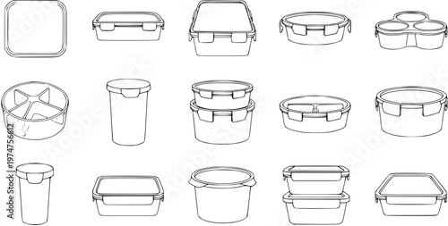 Black and White Line Art of Various Food Storage Containers and Lunch Boxes, Kitchenware Collection