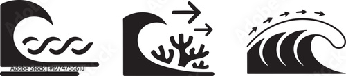 Set of Ocean Wave Vector Icons Representing Tsunami Warning and Marine Water Current Symbols