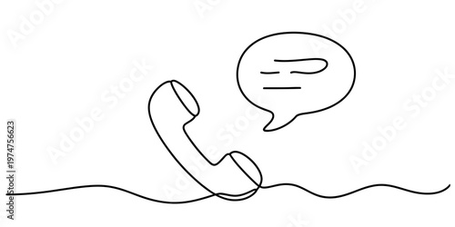 A simple continuous line drawing of a telephone receiver with an attached speech bubble icon