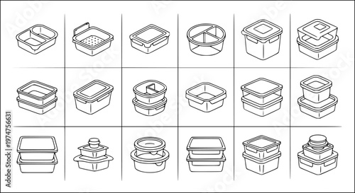 Black and White Line Art Illustration of Various Food Storage Containers and Lunch Boxes, Stacked and Separated