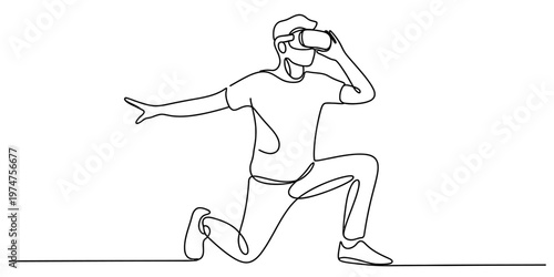 A continuous line drawing of a person experiencing virtual reality while kneeling on the ground