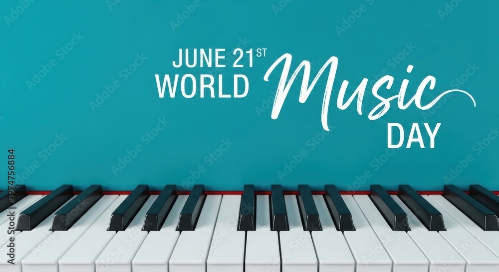 Fototapeta premium Celebrate World Music Day with joyful piano keyboard on vibrant teal background