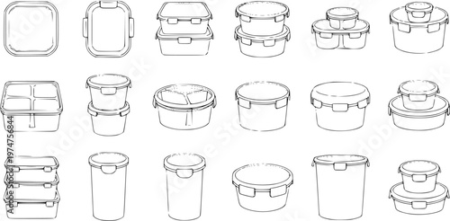Black and White Line Art Collection of Various Food Storage Containers and Lunch Boxes