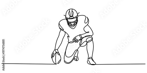 A continuous line drawing of an american football player kneeling on the field with a football.