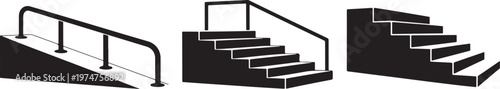 Set of three isometric architectural staircases and metal railings for modern urban building de
