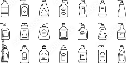 Black and White Line Art Icons of Various Bottles for Soap, Lotion, Shampoo, and Cosmetic Products