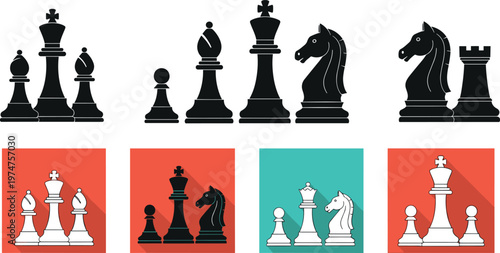 Chess pieces icons set, black silhouette king queen rook bishop knight pawn, strategy board game symbols, flat design vector illustration