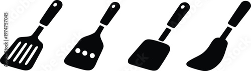 Kitchen Spatula Set Silhouette Vector Icon Collection, Cooking Utensil Flat Black Design Isolated on White Background
