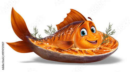 Cooked Red fish steak with a cheerful face 3d character, transparent background