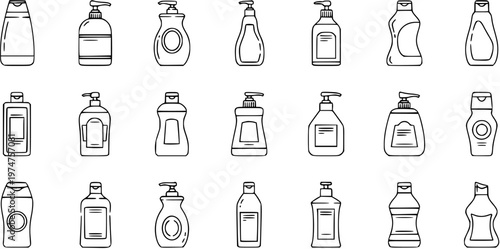 Black and White Line Art Icons of Various Soap and Lotion Bottles