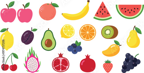 Colorful fruit collection vector featuring apple, banana, watermelon, citrus, berries and tropical fruits in flat cartoon style for healthy food design