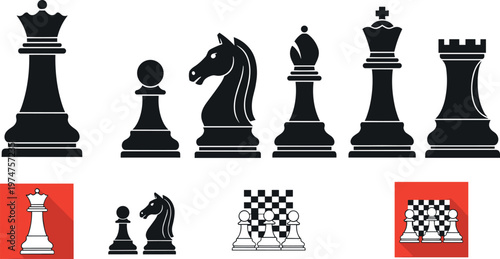 Chess icons collection silhouette, king queen rook bishop knight pawn symbols, strategy board game elements, flat design vector illustration