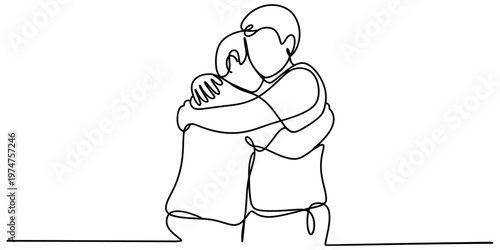 A beautiful continuous line drawing showing two people sharing a warm and loving embrace together