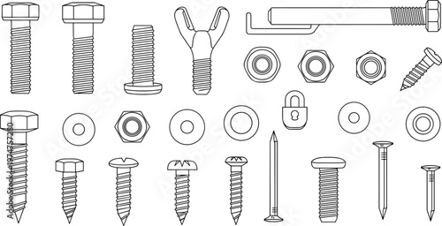Hardware fasteners collection outline, bolts nuts screws washers nails set, industrial tools line art, engineering construction equipment vector illustration