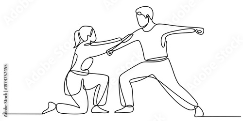 Continuous line drawing of a man and a woman practicing a martial arts move together in studio