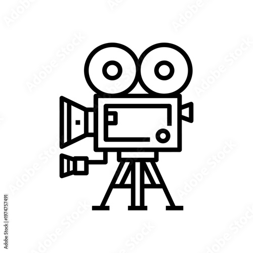 Movie camera icon. Minimal outline vintage cinema film camera for studio vector illustration.