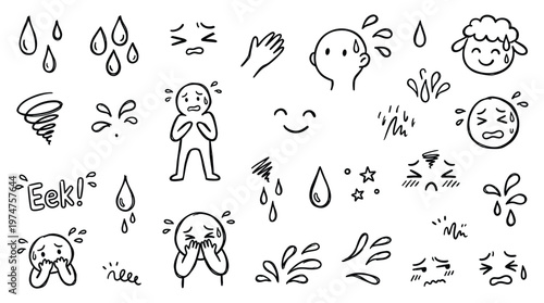 Collection of hand drawn doodle icons representing emotions like fear stress anxiety and worry with sweat drops and distressed faces