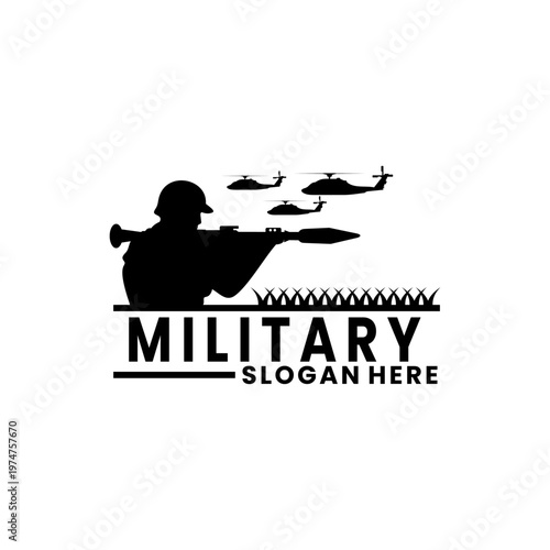Military Soldier Silhouette Rocket Launcher with Helicopters Logo Vector Design