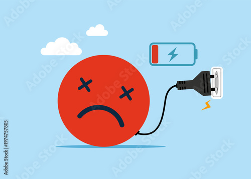 The angry smiley feeds electricity. Restoration is underway. Not enough energy to work at full potential and motivation. Negotive thinking people. Flat vector illustration. 