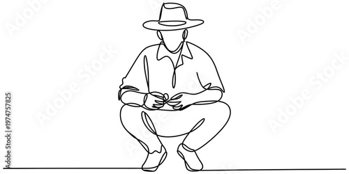 A continuous line drawing of a person wearing a wide brimmed hat while crouching on the ground.