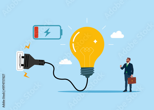 The light bulb feeds electricity. Restoration is underway. Not enough energy to work at full potential and motivation. Transformation to new opportunity. Flat vector illustration. 