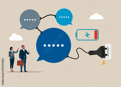 The speech bubble feeds electricity. Restoration is underway. Not enough energy to work at full potential and motivation. Discussion. Productive dialogue. Art corporate communication between coworkers